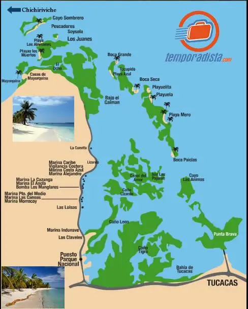 Mapa del Parque Nacional Morrocoy, Alquiler Vacacional en Venezuela - Ubicación de playas y cayos para turismo